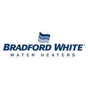 Bradford White Water Heaters logo with blue text and wave icon on a white background