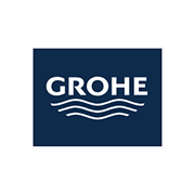 GROHE logo in white on a dark blue square with wavy lines underneath