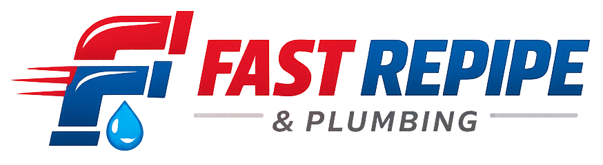 Fast Pipe & Plumbing logo in red, blue, and black with a droplet icon