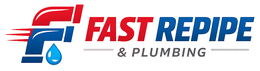 Fast Pipe & Plumbing logo in red, blue, and black with a droplet icon