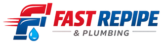 Fast Pipe & Plumbing logo in red, blue, and black with a droplet icon