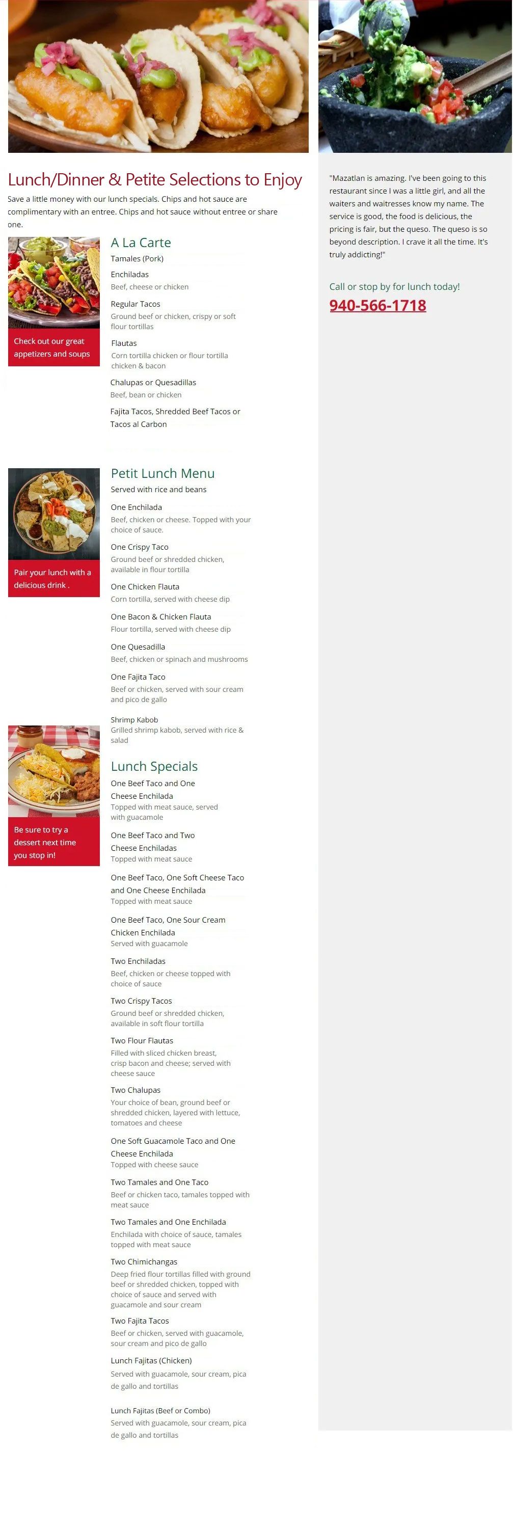 Menu with photos of tacos and other dishes. Dishes listed below the photos