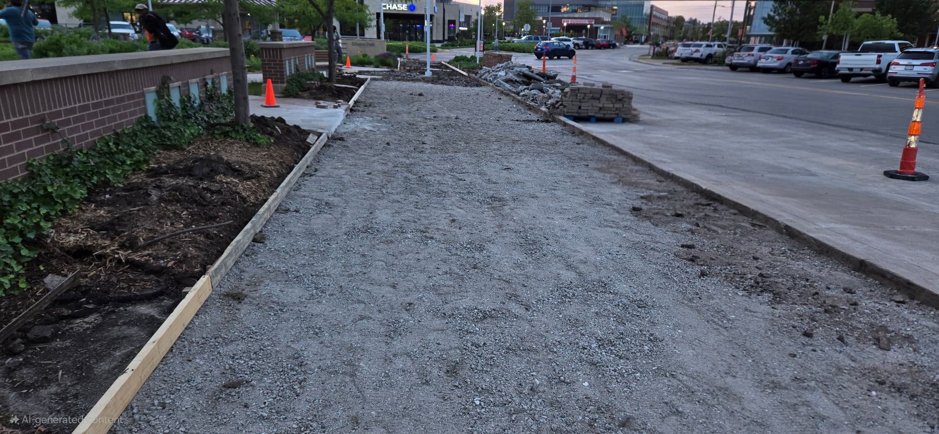 A gravel road is being built in a parking lot.