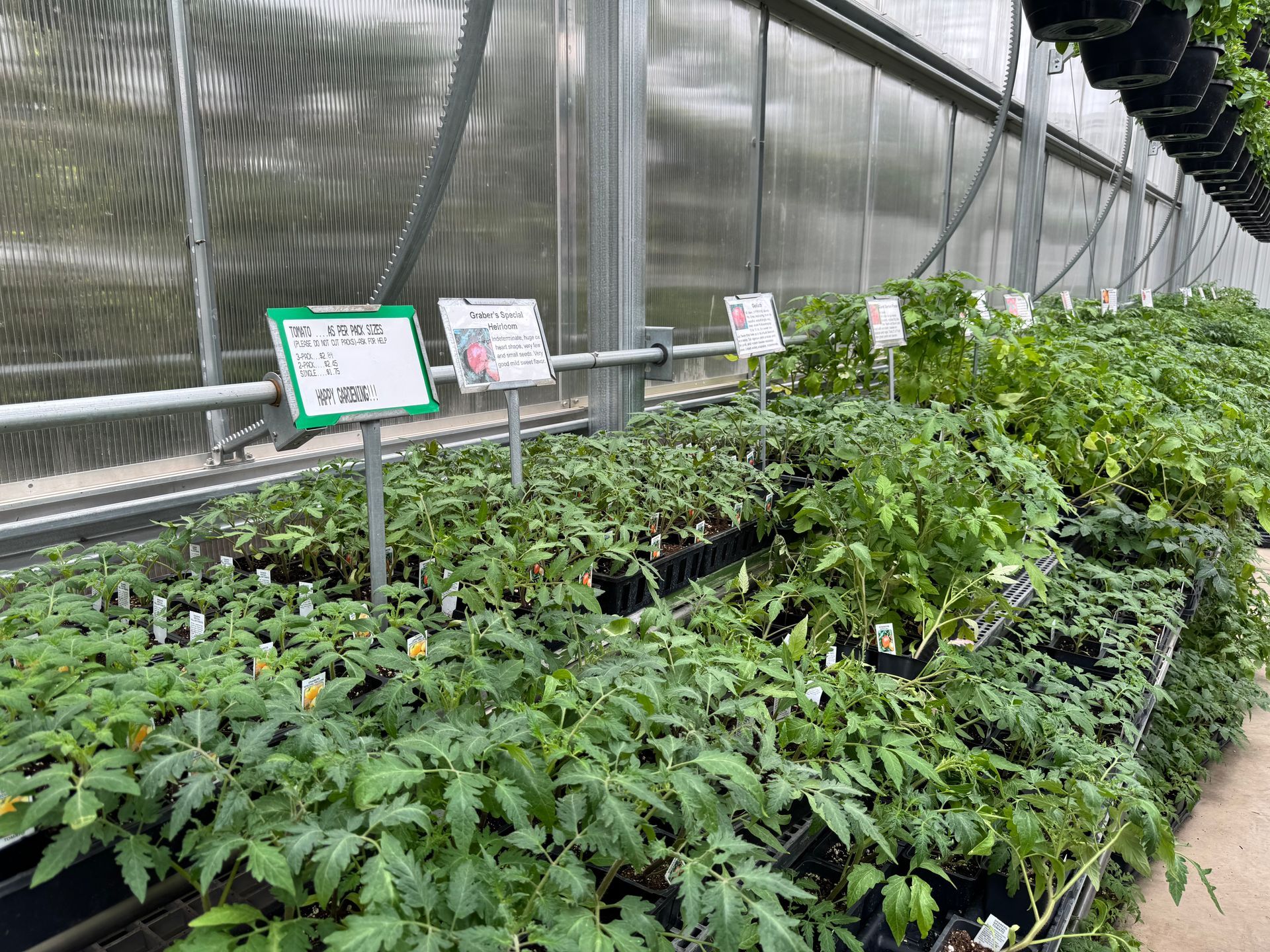 A greenhouse filled with lots of plants and signs.