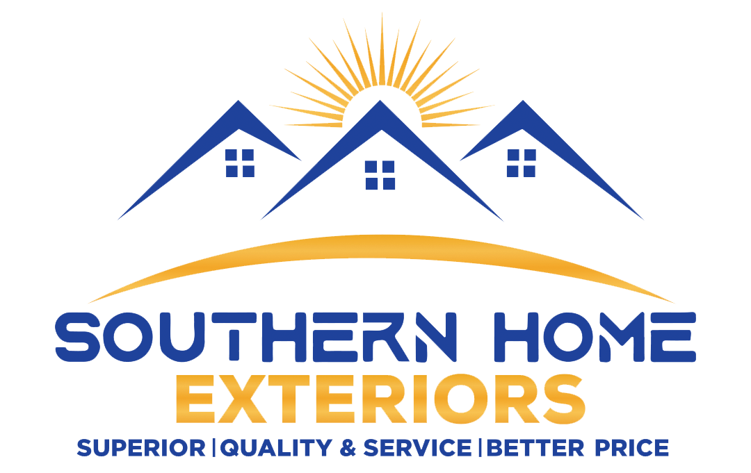 A logo for southern home exteriors with three houses and a sun