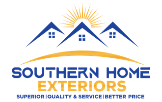 A logo for southern home exteriors with three houses and a sun