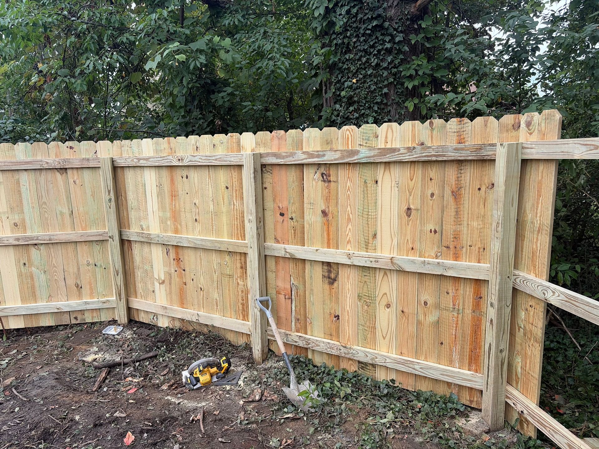 Wooden fence panels with posts in a dirt yard, backed by dense green trees