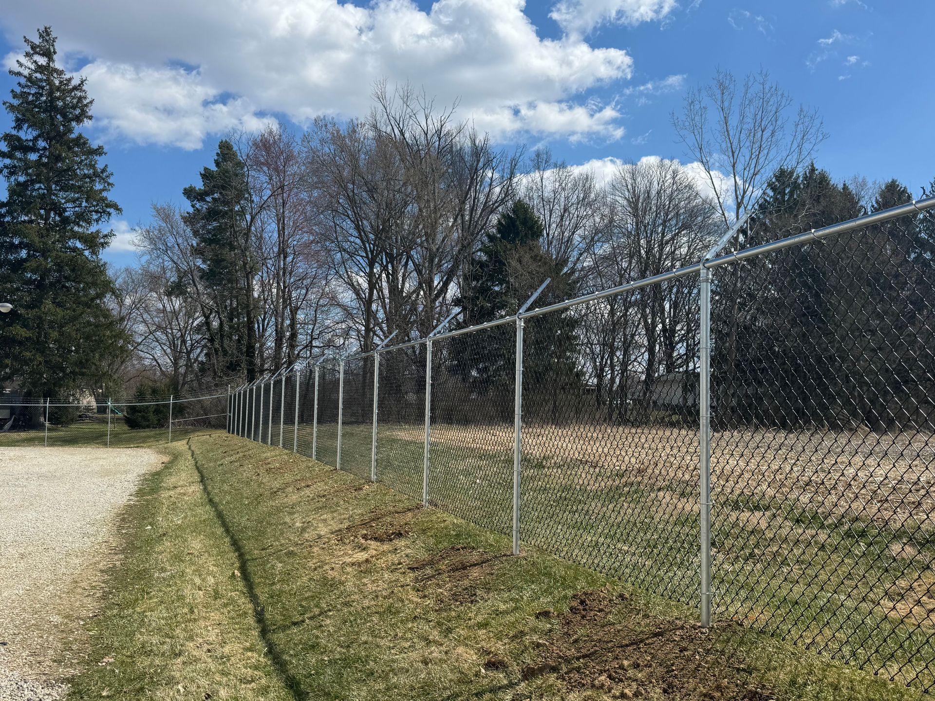 Chain link fence with pointed tops in a grassy area under a cloudy sky.