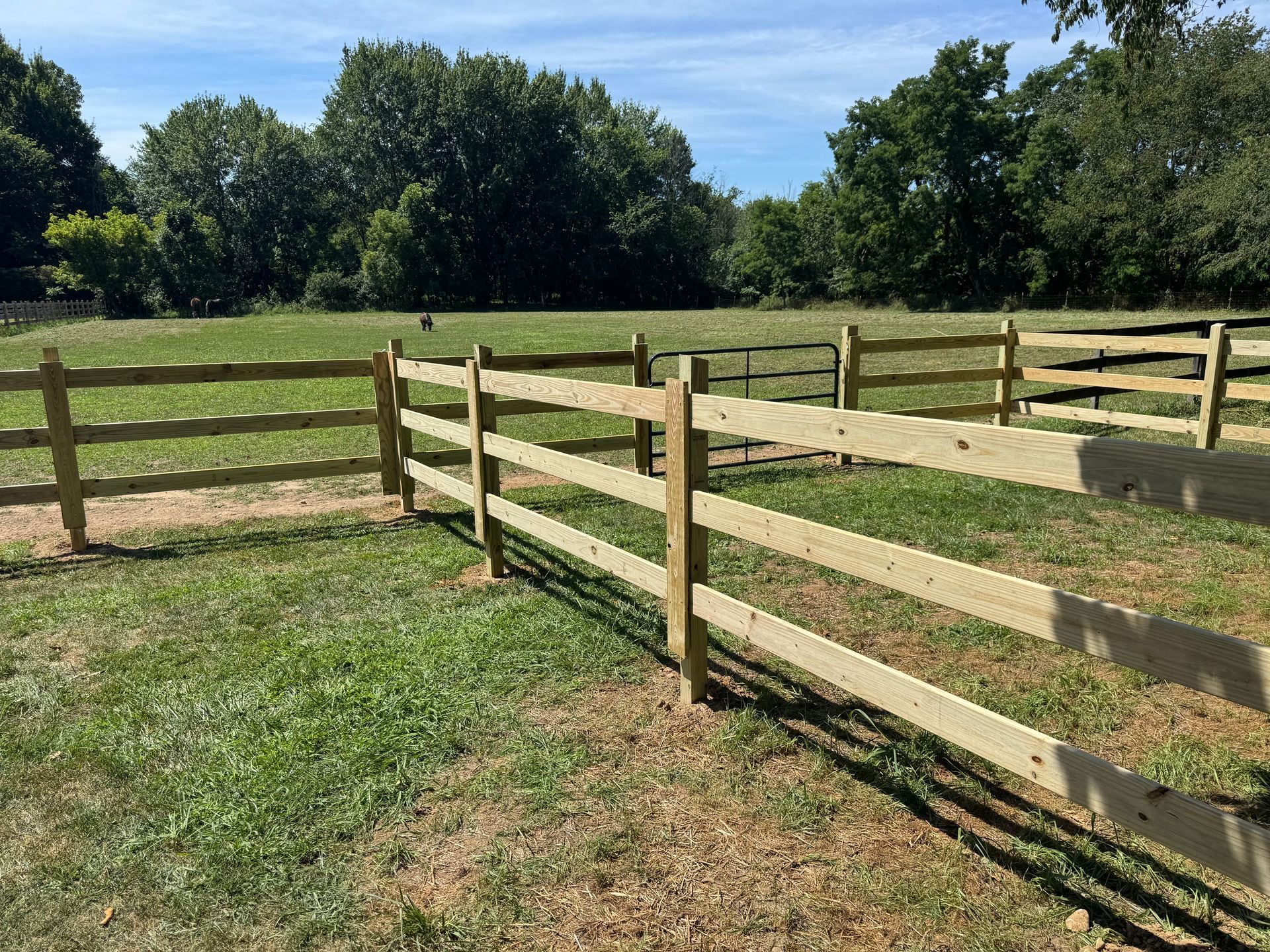 A wooden fence surrounds a grassy area with trees in the background on a sunny day.