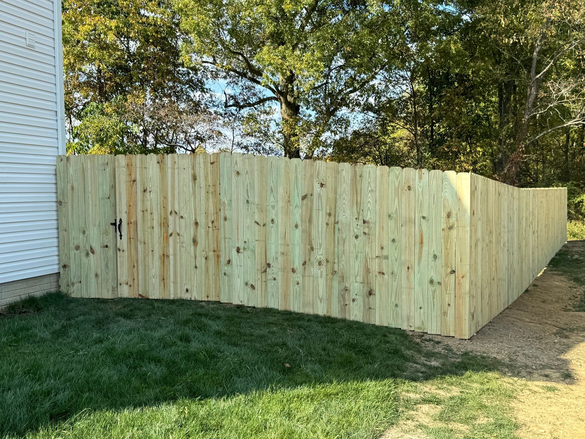 Wooden privacy fence in backyard. Tall, light-colored planks enclose green grass.