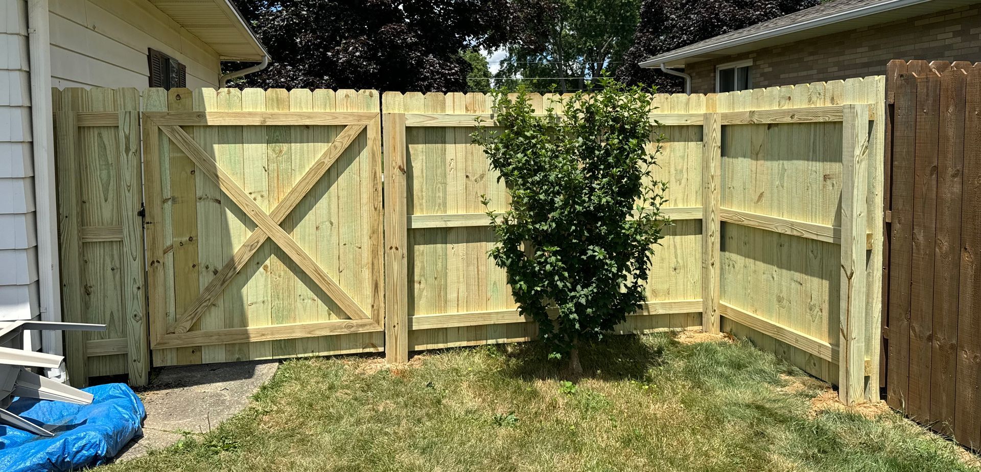 Wooden fence with gate and a small green bush in the yard.