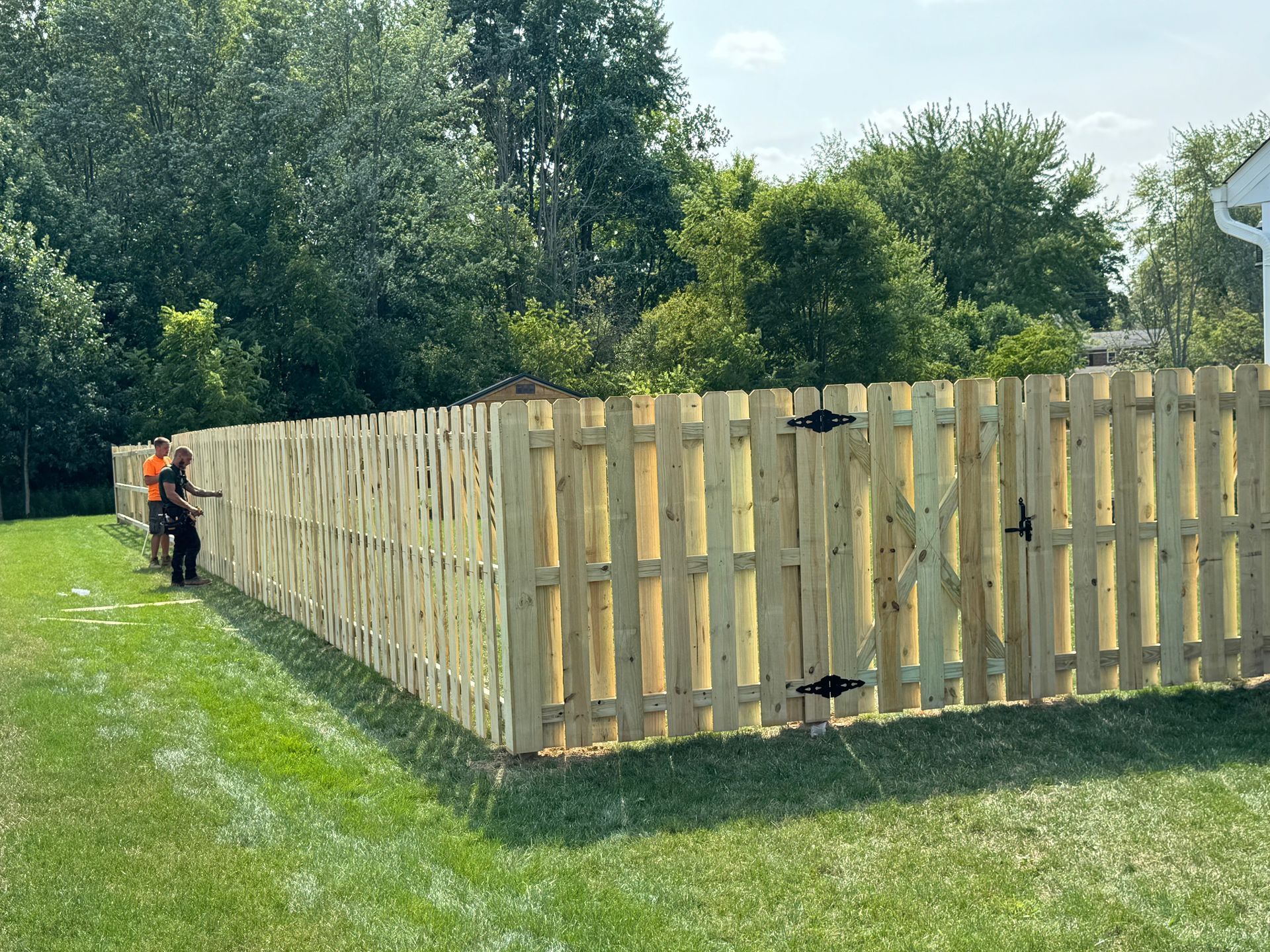 Two people installing a light-colored wooden fence in a grassy yard on a sunny day.