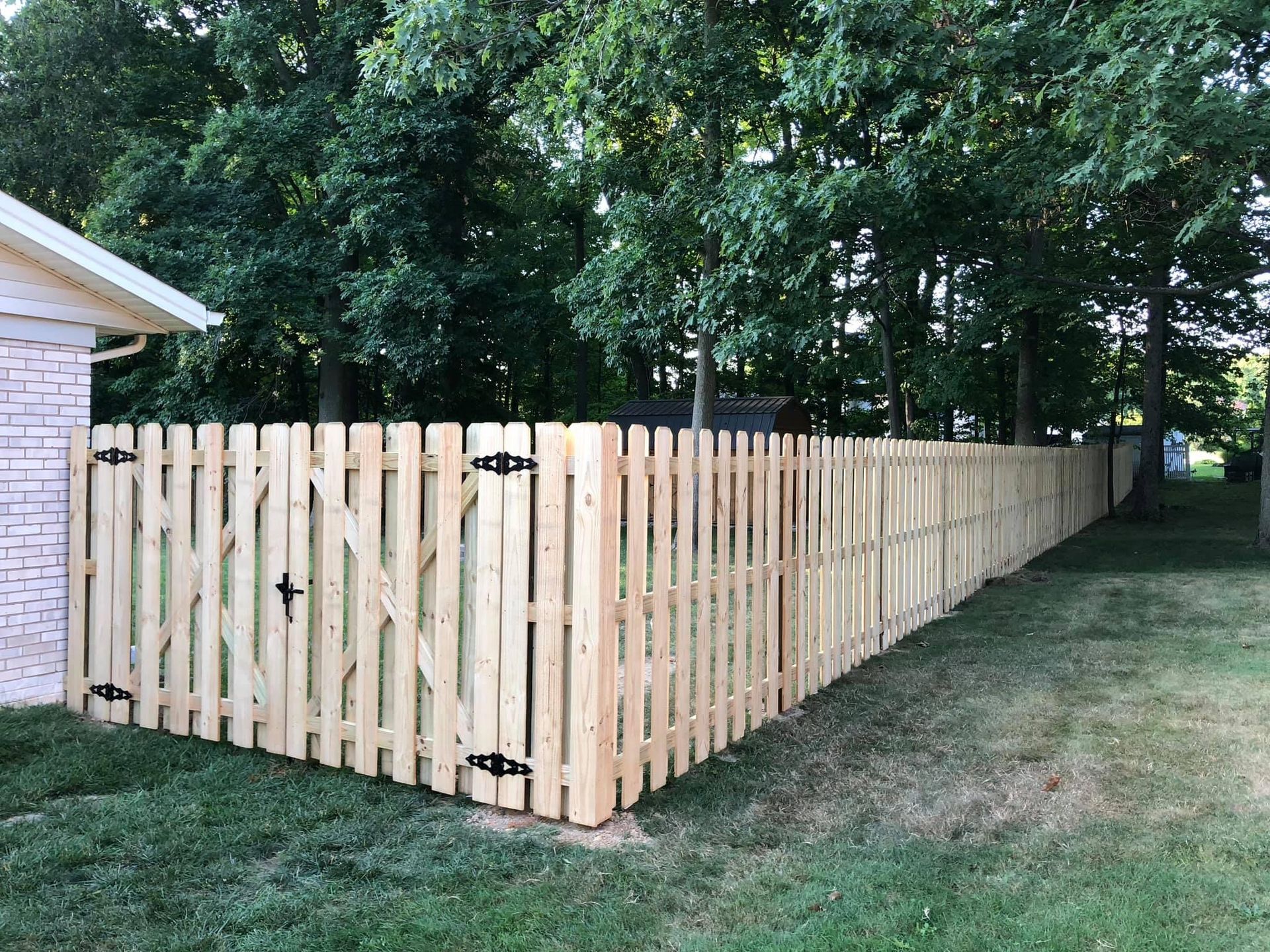 Wooden picket fence enclosing a yard; trees in the background.