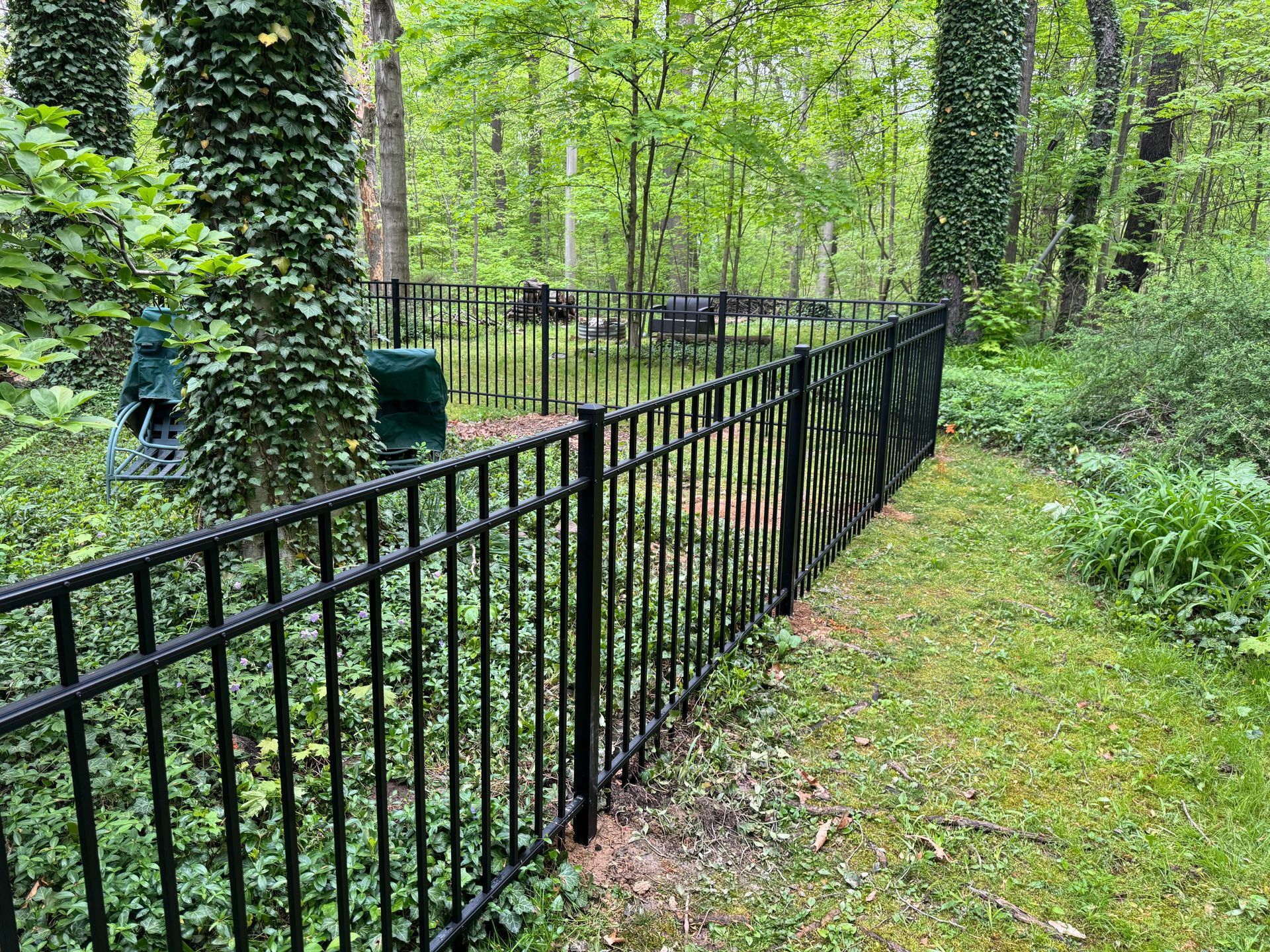 Black metal fence surrounds a wooded area with green foliage.
