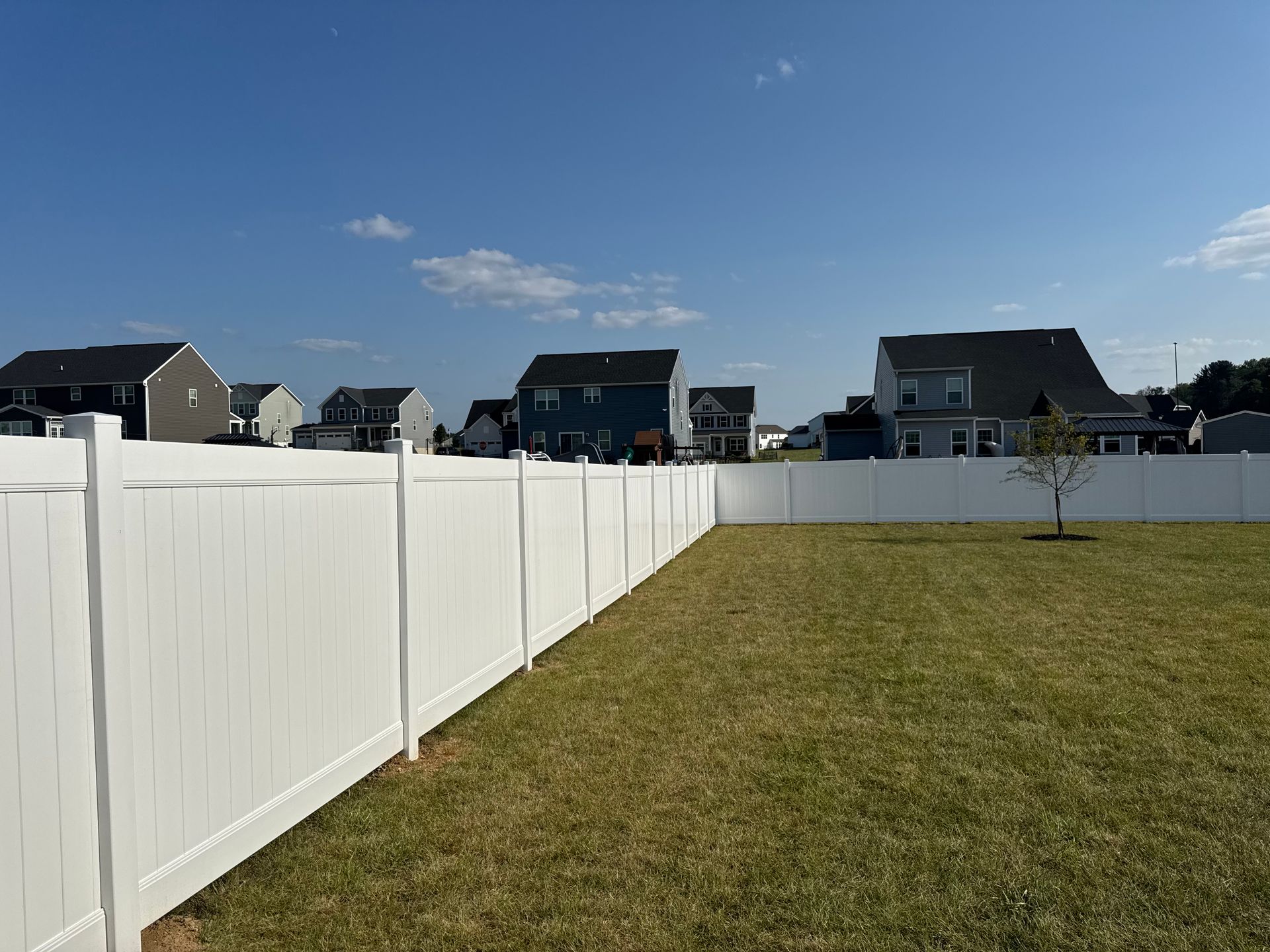 White fence bordering a grassy backyard, with houses and blue sky in the background.
