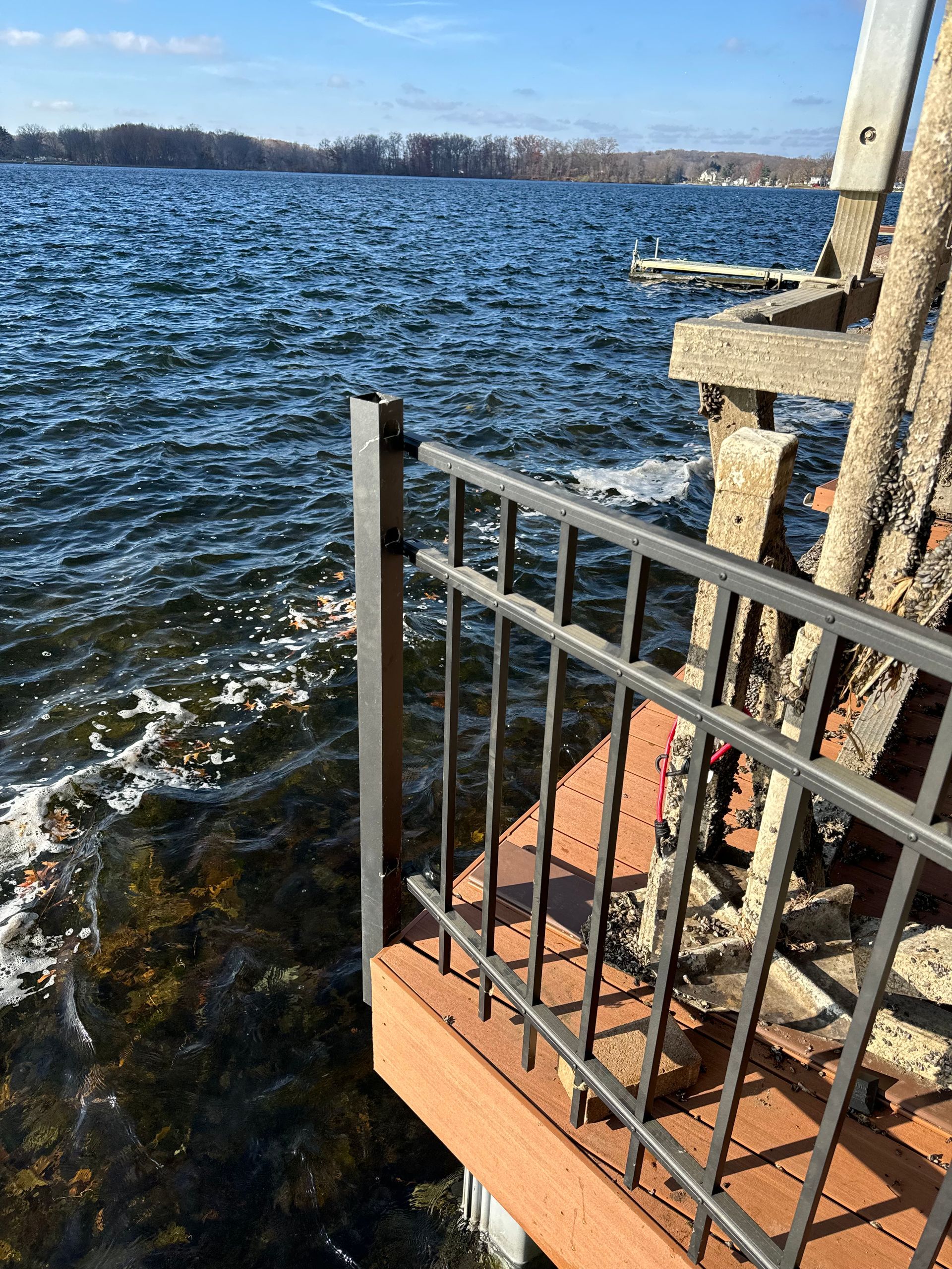 View of a lake from a dock with a metal railing on a sunny day.