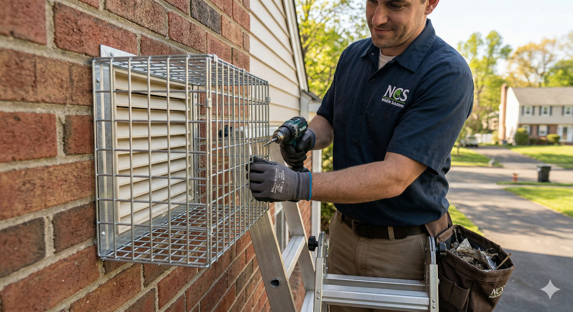 Technician repairing a metal vent cover on a brick wall outdoors