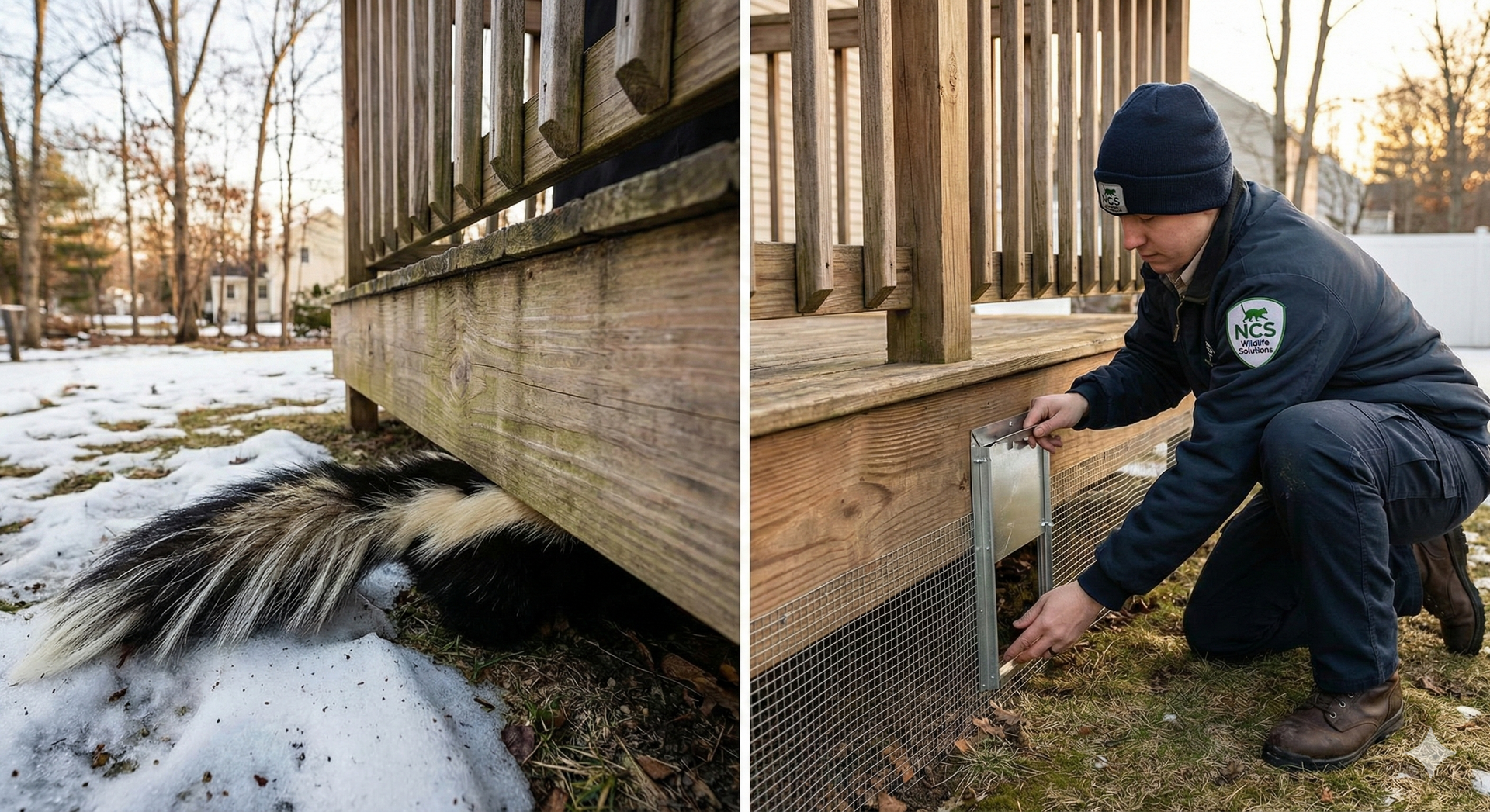 Technician inspecting a house foundation for water damage near a wooden deck and snowy ground