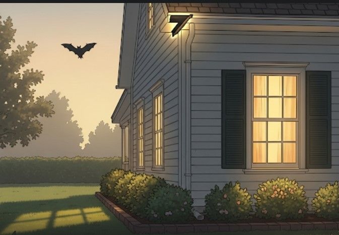 Suburban house at dusk with lit window, bat-shaped decoration, and garden bushes.
