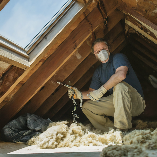 Worker wearing a mask and gloves inspects attic insulation under a sloped roof.