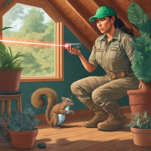 Woman in a green cap aims a red laser at a squirrel in a sunlit attic with potted plants.