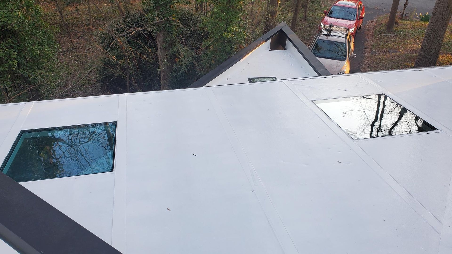 A white roof with two skylights on it and trees in the background.