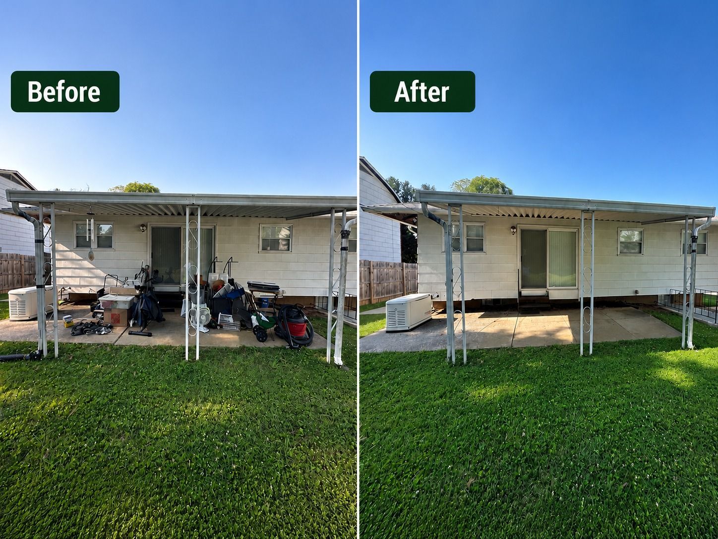 Before-and-after view of a yard cleanup with a house and porch, showing removed clutter and trimmed grass.
