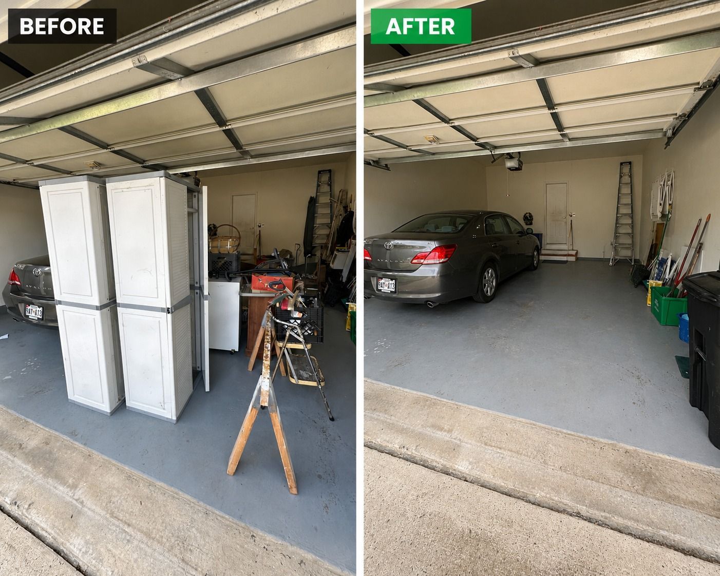 Before-and-after garage: cluttered storage replaced by parked car and open floor space