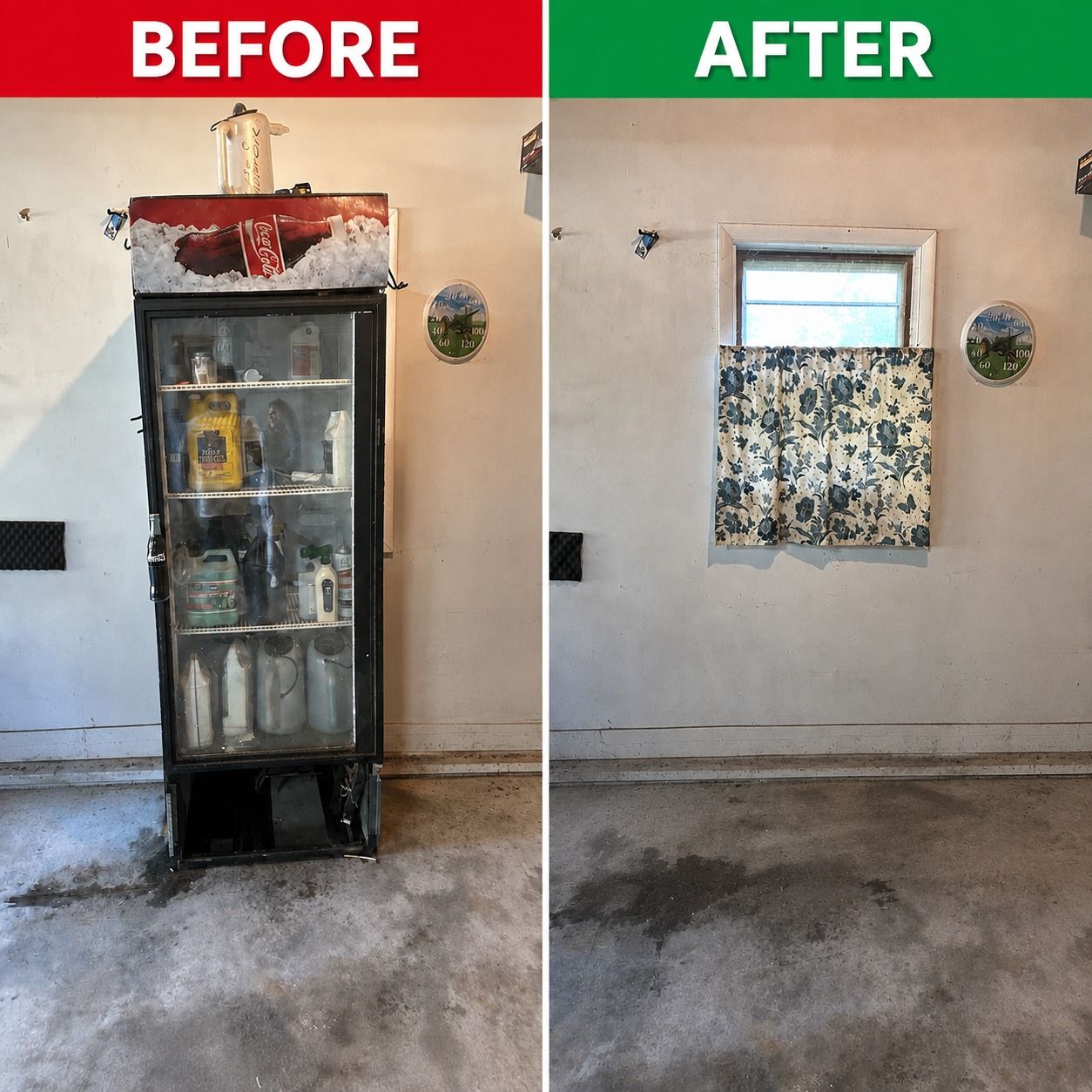Before-and-after of a removed refrigerator, leaving a small window with floral curtain in a room.