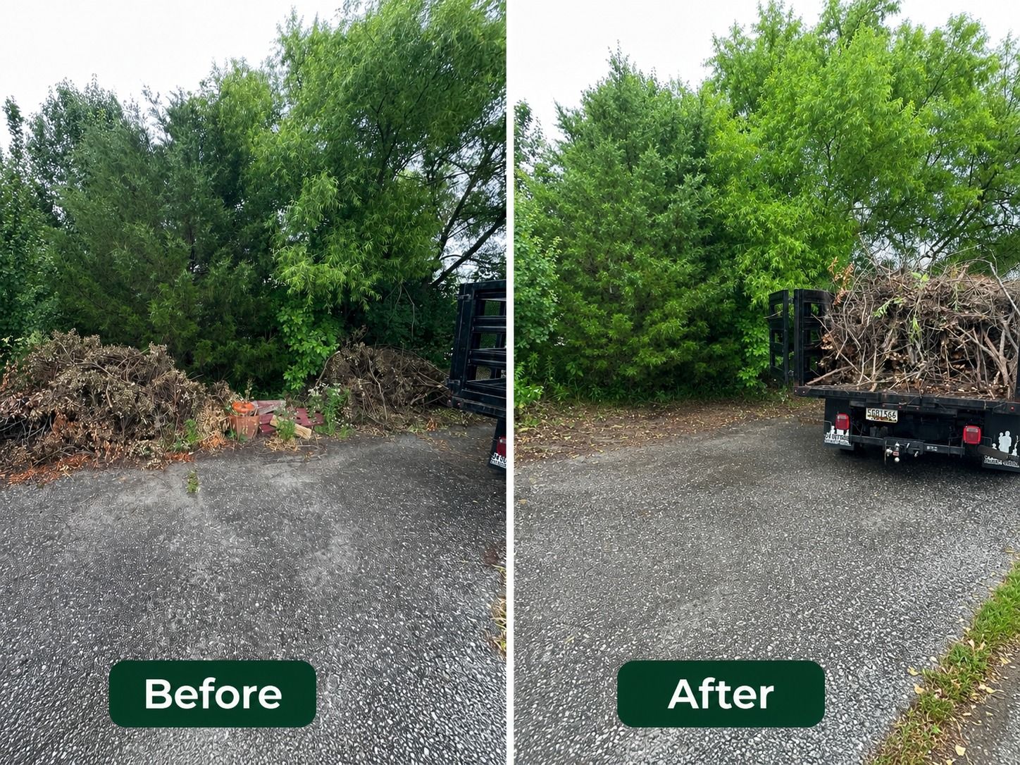 Before-and-after view of a gravel lot cleared of brush, with a truck loaded with branches in the after image.
