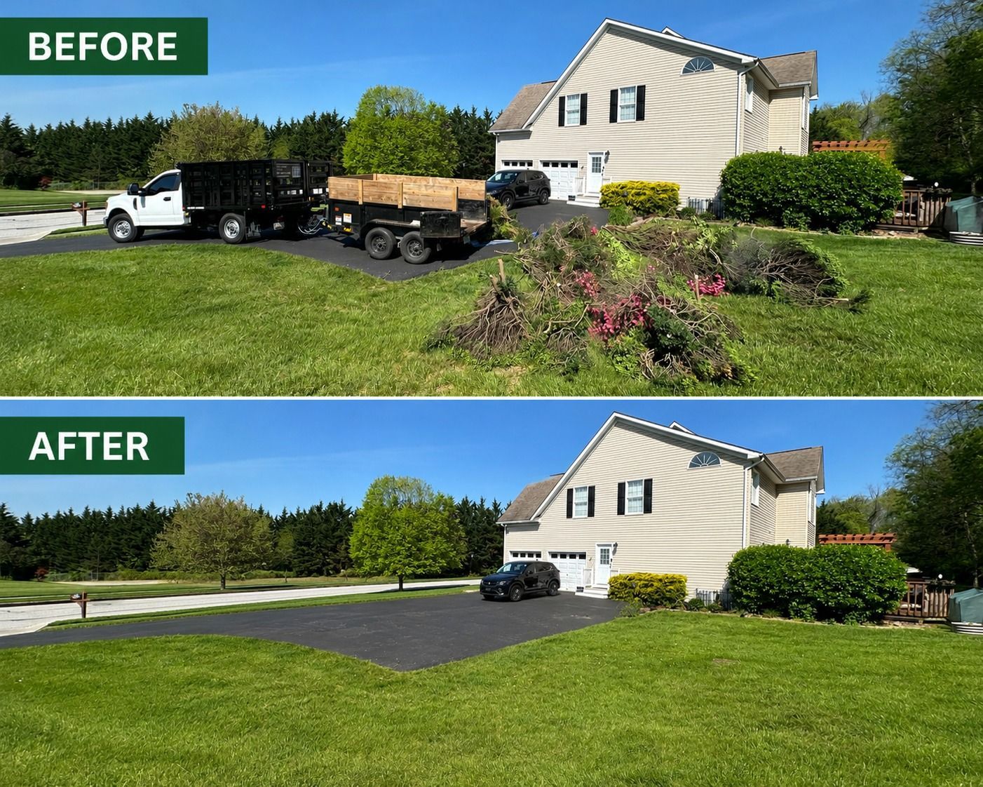 Before-and-after view of a house driveway transformed from gravel with truck to smooth black asphalt