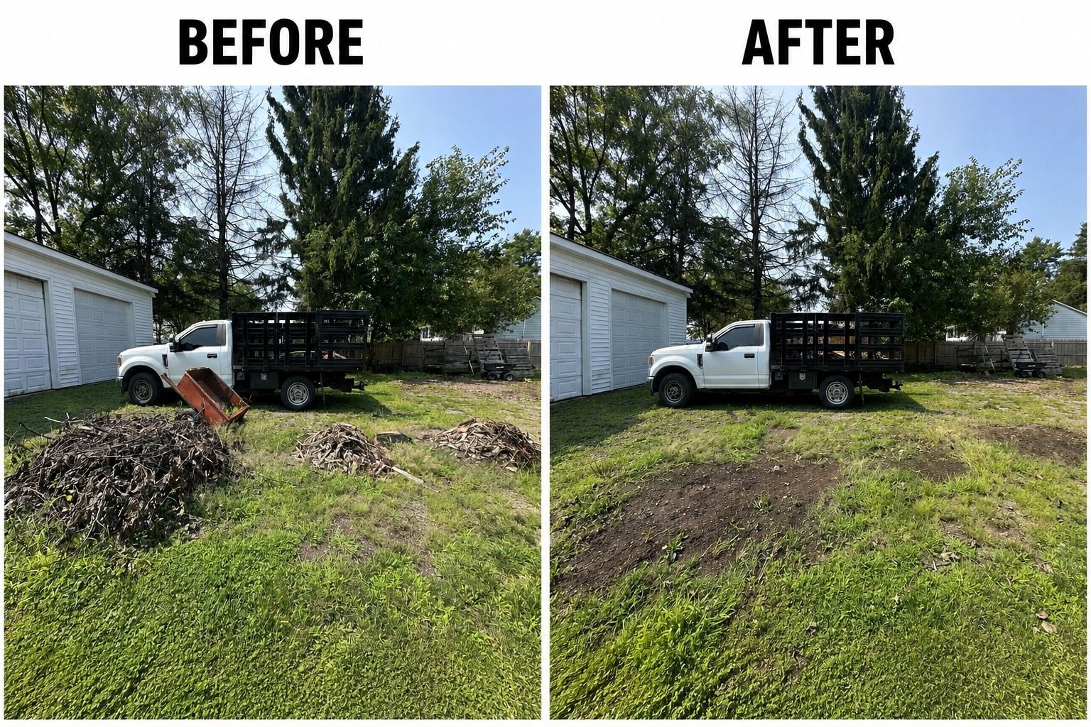 Before-and-after yard cleanup with truck and dirt pile removed, leaving a tidier lawn by a house.