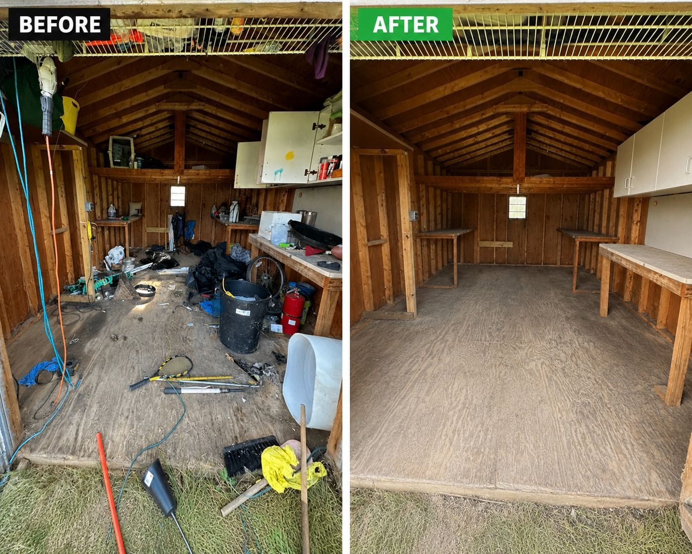 Before-and-after of a cluttered shed cleaned into an empty, organized workspace