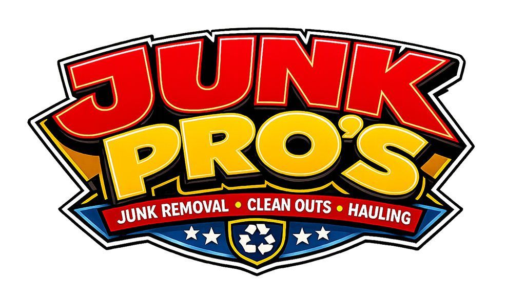 Junk Pro&rsquo;s logo in red and gold with &ldquo;Junk Removal &bull; Clean Outs &bull; Hauling&rdquo; on a black ribbon.