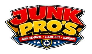 Junk Pro&rsquo;s logo in red and gold with &ldquo;Junk Removal &bull; Clean Outs &bull; Hauling&rdquo; on a black ribbon.