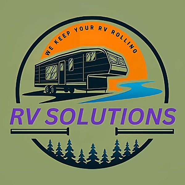 RV Solutions logo with a camper, orange sun, blue river, and pine trees on a green background