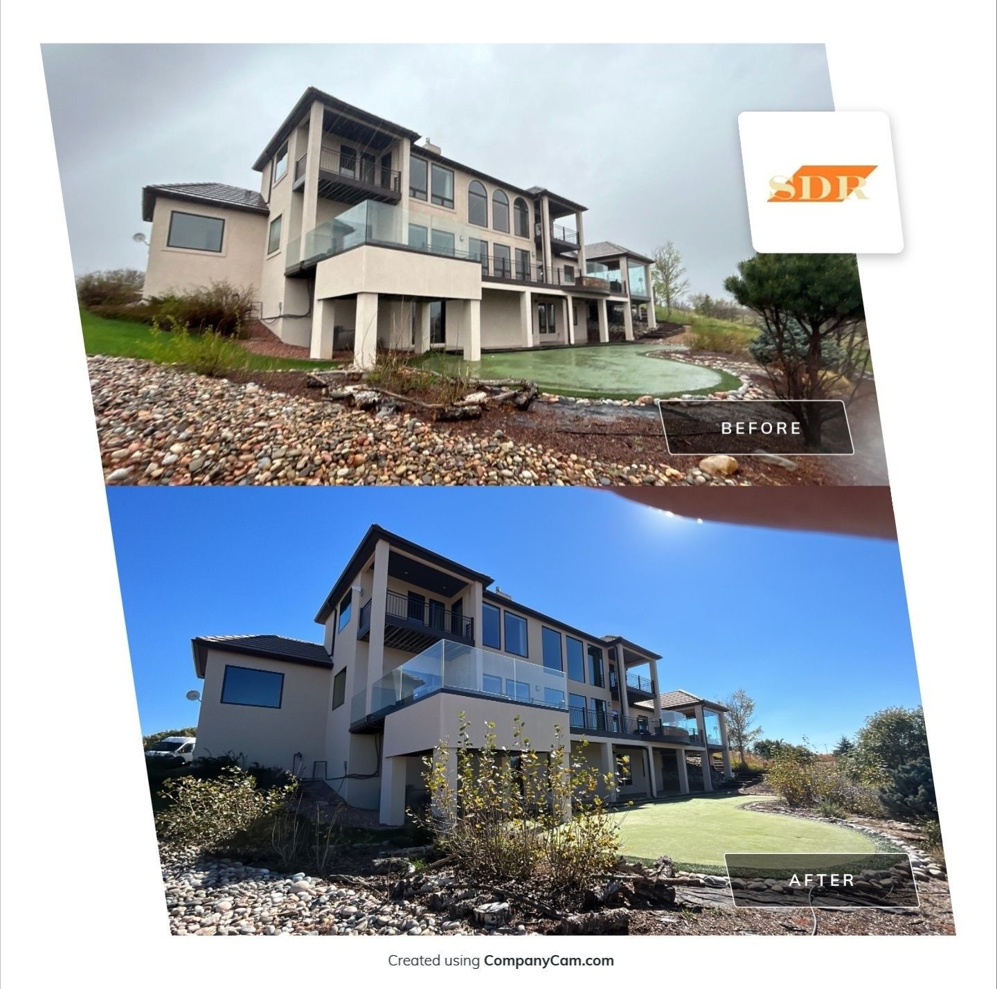 Before and after comparison of a multi-story home exterior renovation with improved landscaping and exterior lighting.
