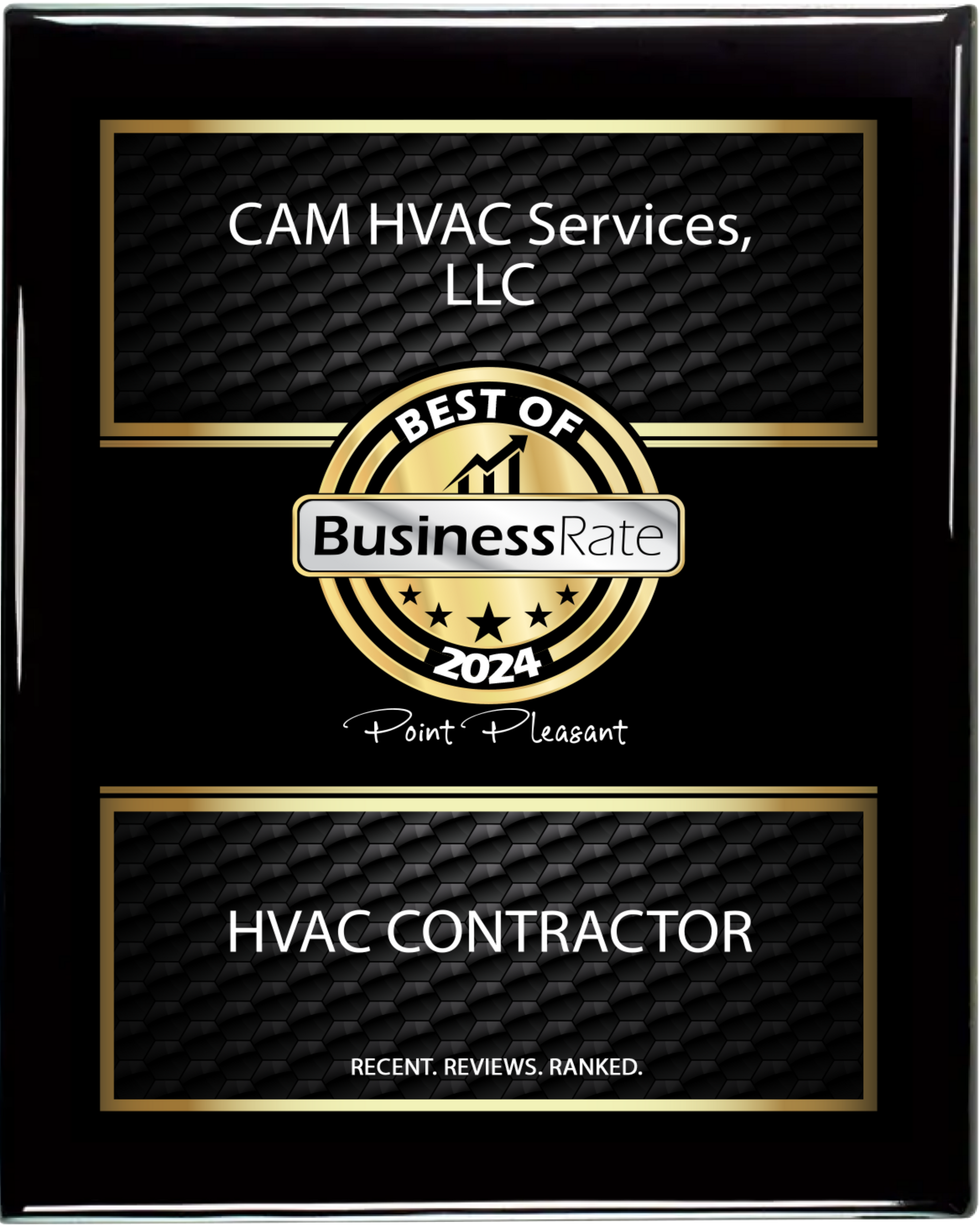 A black and gold plaque for cam hvac services llc