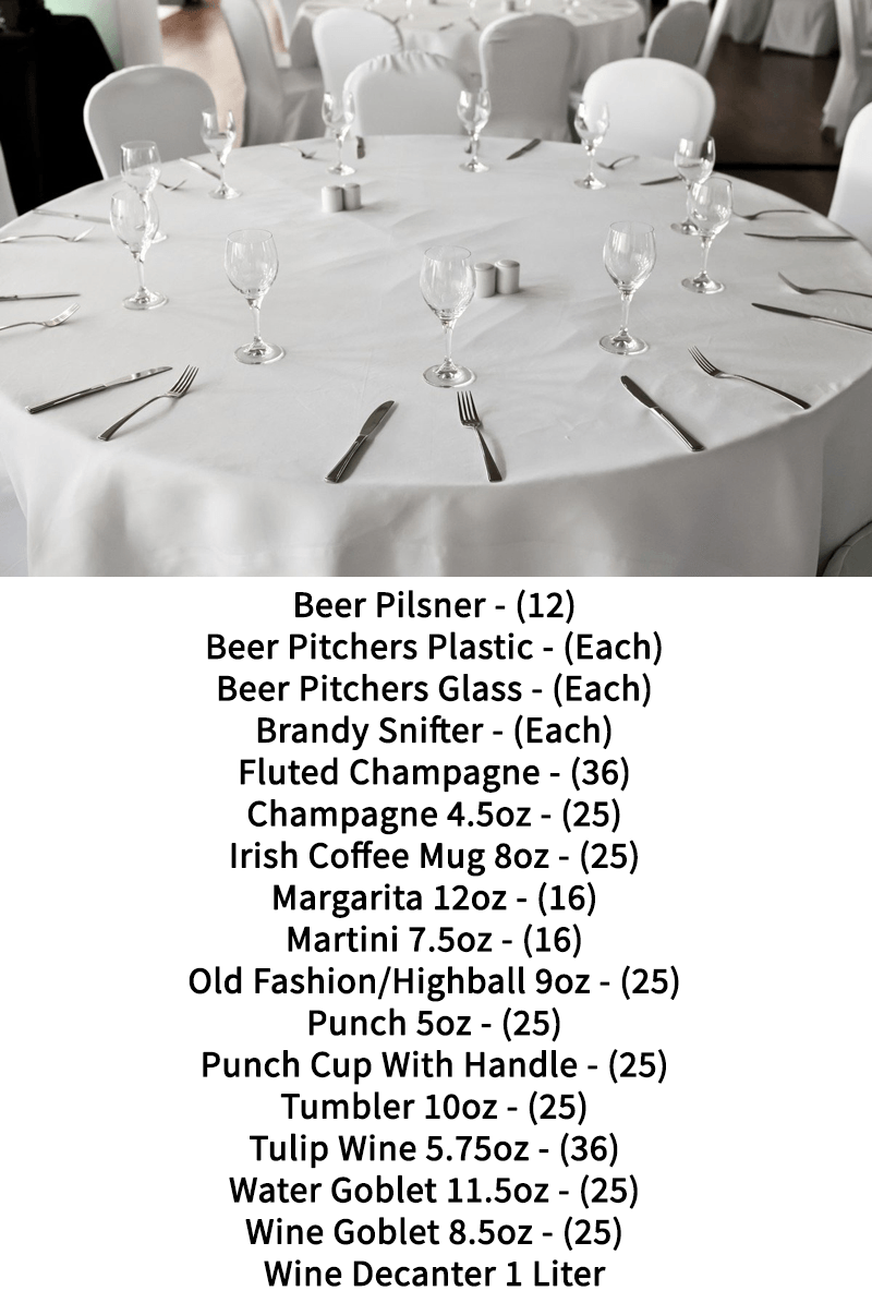 A table with a white table cloth and a list of drinks on it