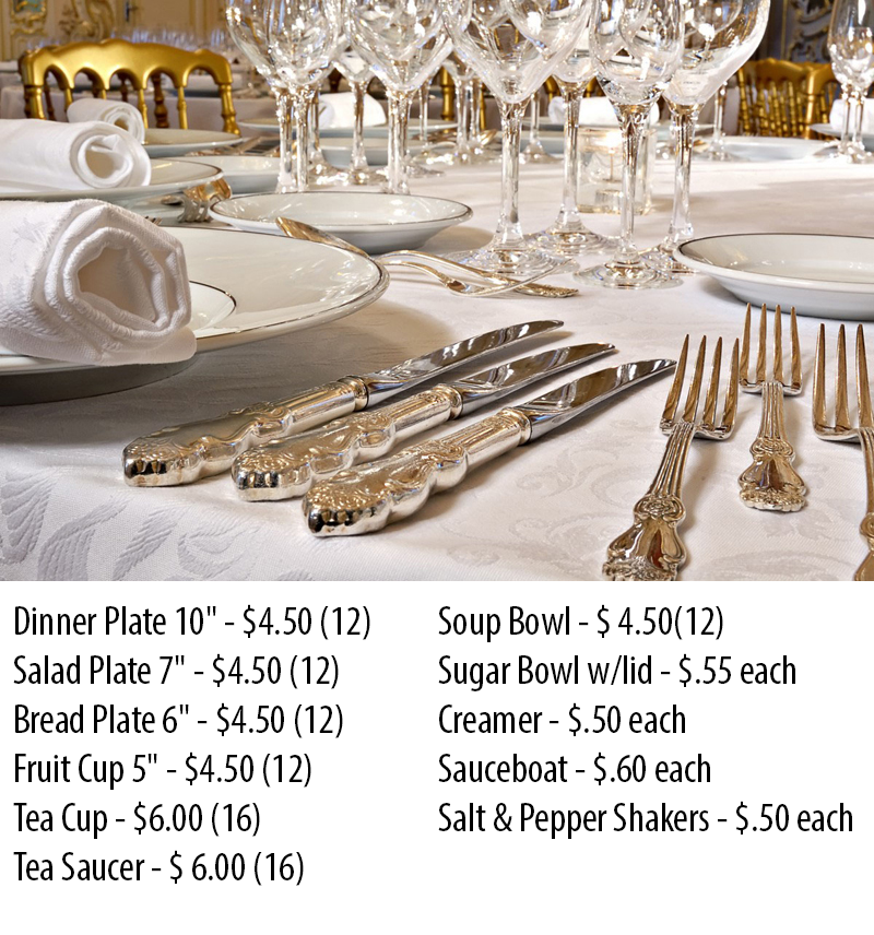 Tableware Pricing Menu A 1 Party RentAll Inc