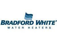 Bradford White water heater logo with blue text, flag icon, and slogan