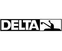 Logo for Delta, black text in a white box with a silhouette of a kayak and paddler.