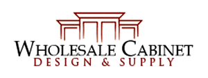 Logo for Wholesale Cabinet Design & Supply. Red-brown architectural outline above black text.