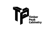 Black and white Timber Peak Cabinetry logo. The letters TP are in a 3D block design. The company name is written beside it.