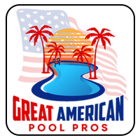 Great American Pool Pros logo with pool, palm trees, and waving American flag background