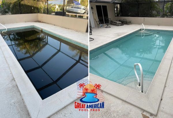 Before-and-after pool resurfacing: dark mirrored water on left, clear blue pool on right.