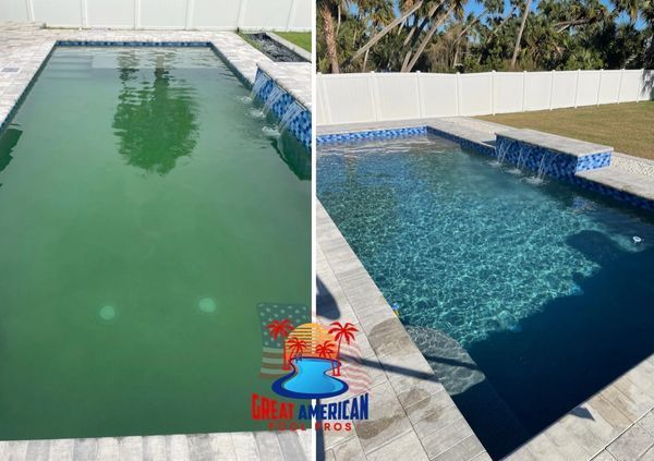 Two side-by-side swimming pools: one green and murky, one clear blue with tile edging and white fence background.