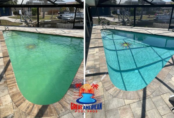 Side-by-side pool water before and after treatment: green cloudy water turns clear blue.