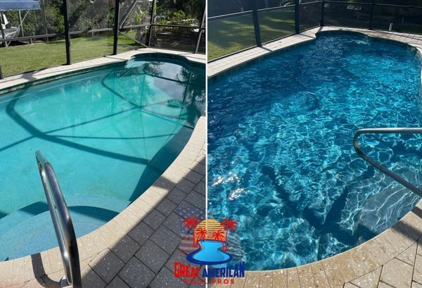 Pool comparison: cloudy turquoise water on left and clear blue water on right, beside a pool ladder.