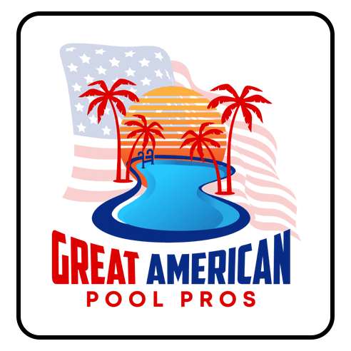 Great American Pool Pros logo with pool, palm trees, and American flag backdrop